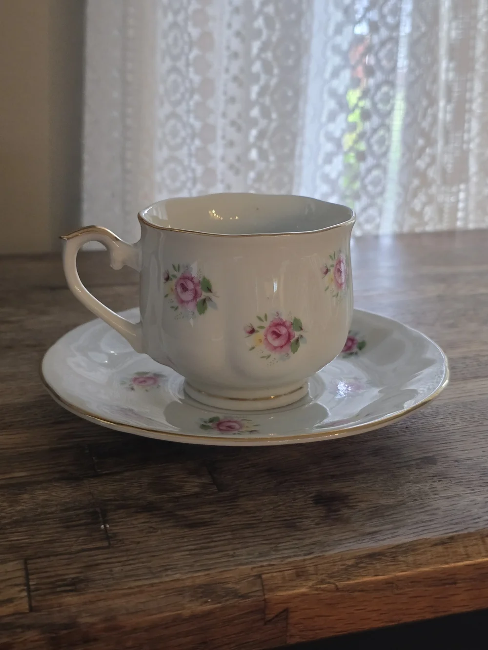 Vintage Extra Touch By FTD White Porcelain Tea Cup & Saucer with Pink Rose Motif